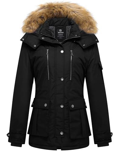 Wantdo Damen Baumwolle Mantel Warm Gefüttert Winter Jacke Kunstfell-Kapuze Jacke Quilted Gesteppt Mantel Schwarz XL von Wantdo