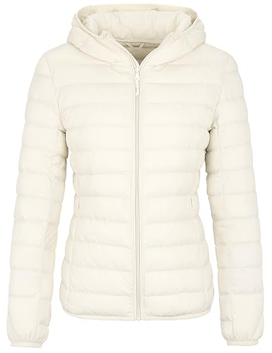 Wantdo Damen Daunenjacken Winter Winddichte Warm Mäntel Packable Leichte Jacken Isolierte Puffermäntel Outdoor Jacke Kapuze Slim Fit Jacken Weiß L von Wantdo