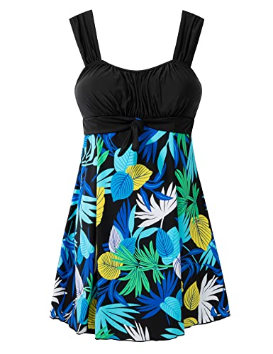 Wantdo Damen Badeanzüge Sommer Bauchweg Tankini Bademode mit Bügel Badekleid Einteiler Schlanke Strandmode Einteiler Schwimmkleid Schwarz 50-52 von Wantdo