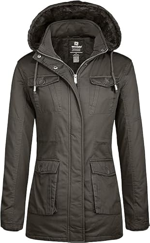 Wantdo Damen Fleece Futter Parka Gefüttert Kapuze Jacke Klassisch Militär Jacke Outdoor Sport Mantel Grau S von Wantdo