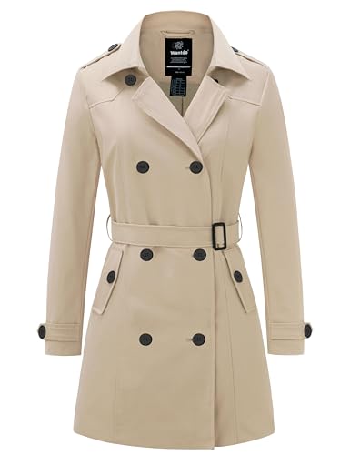 Wantdo Damen Frühling Jacke Winddichte Cabanjacke mit Schulterknöpfen Schulterklappen Slim Fit Lange Jacken Verstellbare Gürtel Mantel Beige 38 von Wantdo