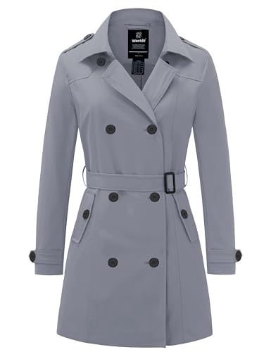 Wantdo Damen Frühling Jacke Winddichte Cabanjacke mit Schulterknöpfen Schulterklappen Slim Fit Lange Jacken Verstellbare Gürtel Mantel Grey 44 von Wantdo