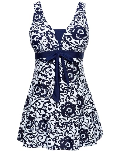 Wantdo Damen Große Größe Badeanzug Elegant Sommer Bauchweg Tankinis Mehrfarbig Push up Bademoden Bauchdeckenstraffung Schwimmrock Marineblau 48-50 von Wantdo