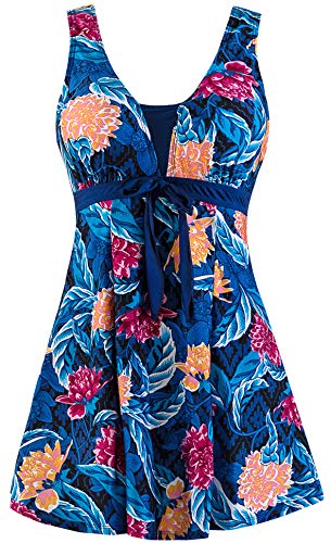 Wantdo Damen Große Größe Badeanzug mit Rock Elegant Sommer Schwimmrock Einfarbig Push up Bademoden Bauchdeckenstraffung Tankinis Seeblume 56-58 von Wantdo