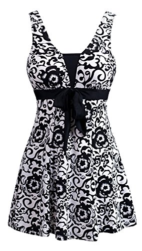 Wantdo Damen Große Größe Badeanzug mit Rock Sexy Einteiliger Baderock Elegant Sommer Schwimmrock Einfarbig Push up Bademoden Schwarz 56-58 von Wantdo