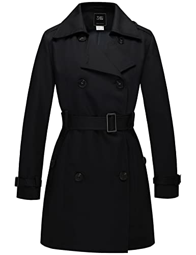 Wantdo Damen Mantel Lang Trenchcoat Frühling Winddicht Übergangsmantel Mantel Elegant Sommer Mäntel Schulterklappen mit Gürtel Slim Fit Jacken Schwarz 38 von Wantdo