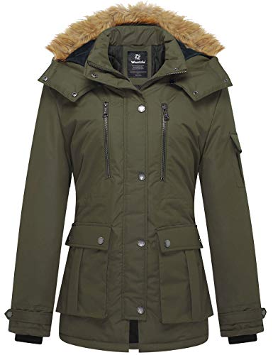 Wantdo Damen Mode Lang Parka Kunstfell-Kapuze Jacke Gepolstert Puffer Jacke Klassisch Militär Jacke Grün L von Wantdo