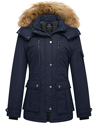 Wantdo Damen Outdoor Sport Mantel Kunstfell-Kapuze Jacke Quilted Gesteppt Mantel Klassisch Militär Jacke Navy M von Wantdo