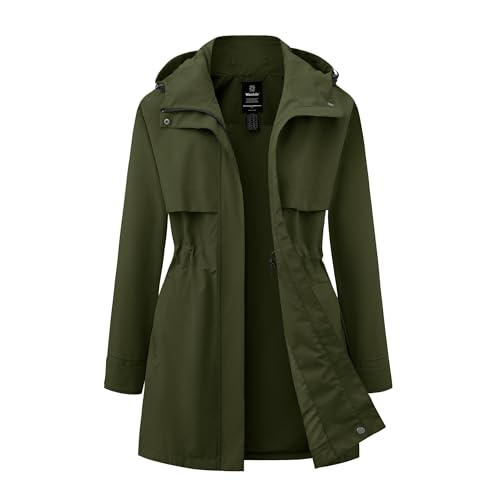 Wantdo Damen Regenmantel Wasserdicht Übergangsjacke Winddicht Leicht Regenjacke Frühling Lang Atmungsaktiv Wanderjacke Armeegrün M von Wantdo