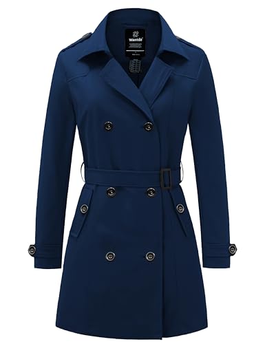 Wantdo Damen Schulterklappen Jacke mit Verstellbare Gürtel Winddicht Herbst Jacke Zweireiher Trenchcoat Mantel Navy S von Wantdo