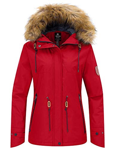 Wantdo Damen Skijacke Winddichter Outdoor Sport Mäntel Berg Snowboardjacken Gefüttert Jacke mit Kunstpelzhaube Rot XL von Wantdo