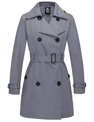Wantdo Damen Trenchcoat Lang Mantel Frühling Winddicht Sommermantel Übergang Elegant Mäntel Frühlingsmantel Schulterklappen mit Gürtel Slim Fit Jacken Grau 42 von Wantdo