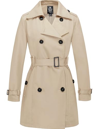 Wantdo Damen Trenchcoat Lang Mantel Frühling Winddicht Sommermantel Übergang Elegant Mäntel Frühlingsmantel Schulterklappen mit Gürtel Slim Fit Jacken Khaki 44 von Wantdo