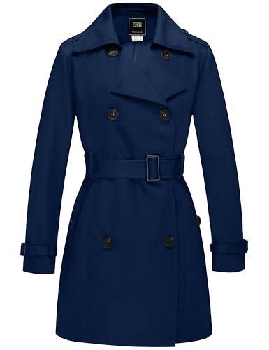 Wantdo Damen Trenchcoat Lang Mantel Frühling Winddicht Sommermantel Übergang Elegant Mäntel Frühlingsmantel Schulterklappen mit Gürtel Slim Fit Jacken Navy 40 von Wantdo