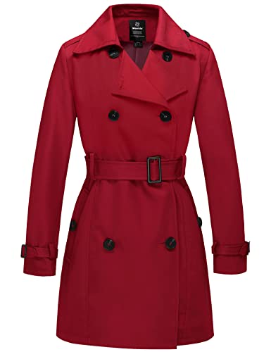 Wantdo Damen Trenchcoat Lang Mantel Frühling Winddicht Sommermantel Übergang Elegant Mäntel Frühlingsmantel Schulterklappen mit Gürtel Slim Fit Jacken Rot 36 von Wantdo