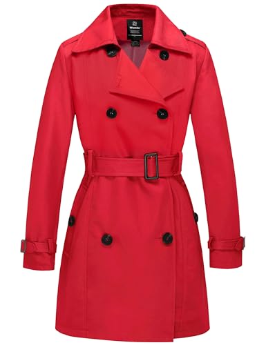 Wantdo Damen Trenchcoat Lang Mantel Frühling Winddicht Sommermantel Übergang Elegant Mäntel Frühlingsmantel Schulterklappen mit Gürtel Slim Fit Jacken Rot 40 von Wantdo