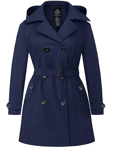 Wantdo Damen Übergröße Trenchcoat Wasserdichter Jacken Zweireihiger Klassischer Damenmantel mit Revers Elegant Mäntel mit Verstellbare Gürtel Marineblau 54-56 von Wantdo