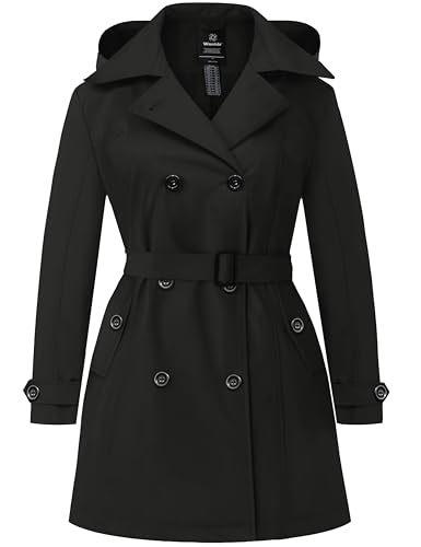 Wantdo Damen Übergröße Trenchcoat Wasserdichter Jacken Zweireihiger Klassischer Damenmantel mit Revers Elegant Mäntel mit Verstellbare Gürtel Schwarz 48 von Wantdo