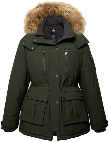 Wantdo Damen Übergröße Winter Jacke Gesteppte Daunenjacke Warm Mantle Verdicker Parka mit Abnehmbarer Fellkapuze Armeegrün 48 von Wantdo