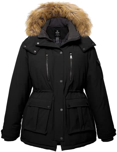 Wantdo Damen Übergröße Winter Jacke Gesteppte Daunenjacke Warm Mantle Verdicker Parka mit Abnehmbarer Fellkapuze Schwarz 48 von Wantdo