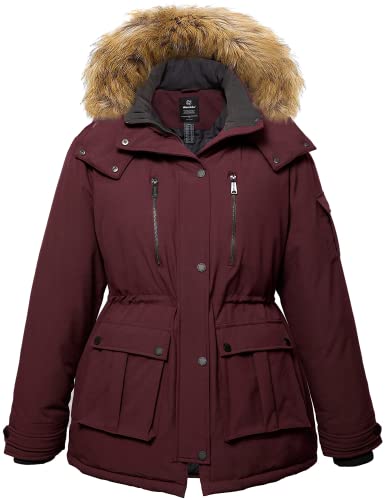 Wantdo Damen Übergröße Winter Jacke Gesteppte Daunenjacke Warm Mantle Verdicker Parka mit Abnehmbarer Fellkapuze Weinrot 48 von Wantdo