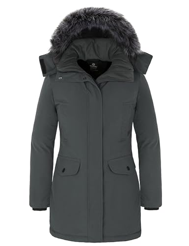 Wantdo Damen Warmer WinterMäntel Lange Dicke Pufferjacke mit Abnehmbarer Kapuze mit Pelzbesatz Mittelgrau XL von Wantdo