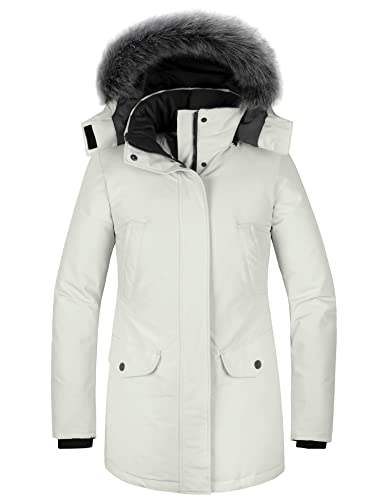 Wantdo Damen Warmer Wintermantel Lange Dicke Pufferjacke mit Abnehmbarer Kapuze mit Pelzbesatz Graues Weiß L von Wantdo