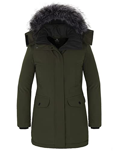 Wantdo Damen Warmer Wintermantel Lange Dicke Pufferjacke mit Abnehmbarer Kapuze mit Pelzbesatz Grün L von Wantdo