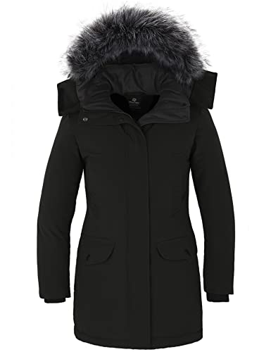 Wantdo Damen Warmer Wintermantel Lange Dicke Pufferjacke mit Abnehmbarer Kapuze mit Pelzbesatz Schwarz M von Wantdo