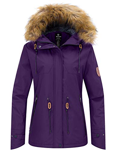 Wantdo Damen Wasserdicht Skijacke Winddichter Outdoor Sport M?ntel Berg Snowboardjacken Gefüttert Jacke mit Kunstpelzhaube Lila L von Wantdo