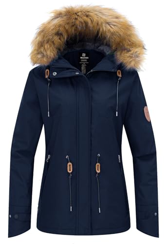 Wantdo Damen Wasserdicht Skijacke Winddichter Outdoor Sport Mäntel Berg Snowboardjacken Gefüttert Jacke mit Kunstpelzhaube Blau M von Wantdo