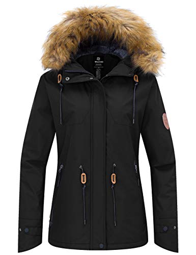 Wantdo Damen Wasserdicht Skijacke Winddichter Outdoor Sport Mäntel Berg Snowboardjacken Gefüttert Jacke mit Kunstpelzhaube Schwarz L von Wantdo