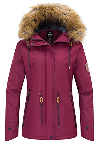 Wantdo Damen Wasserdicht Skijacke Winddichter Outdoor Sport Mäntel Berg Snowboardjacken Gefüttert Jacke mit Kunstpelzhaube Weißrot M von Wantdo