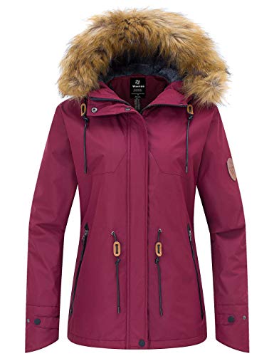 Wantdo Damen Wasserdicht Skijacke Winddichter Outdoor Sport Mäntel Berg Snowboardjacken Gefüttert Jacke mit Kunstpelzhaube Weißrot XL von Wantdo