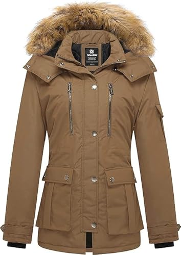 Wantdo Damen Winter Baumwolle Gepolsterter Mäntel Warme Winddichte Outdoor Jacke Klassische Mittellange Parka Kunstpelz Kapuzen Mäntel Braun L von Wantdo