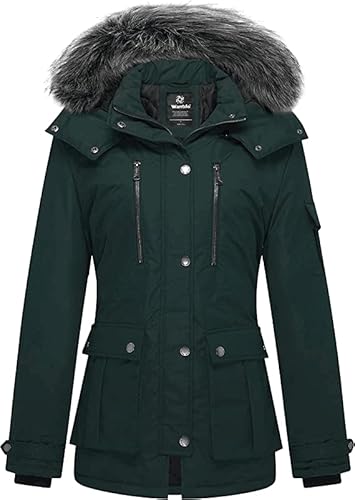 Wantdo Damen Winter Baumwolle Gepolsterter Mäntel Warme Winddichte Outdoor Jacke Klassische Mittellange Parka Kunstpelz Kapuzen Mäntel Dunkelgrün L von Wantdo