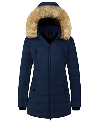 Wantdo Damen Winter Warm Puffer Mantel Wasserabweisend Outdoor Jacke Baumwolle Gepolsterte Jacken Kunstpelz Kapuzenmäntel Dunkelblau L von Wantdo