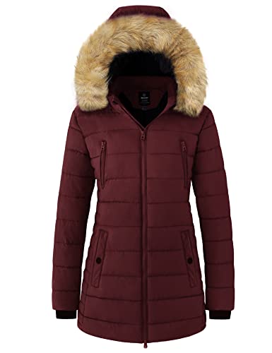 Wantdo Damen Winter Warm Puffer Mantel Wasserabweisend Outdoor Jacke Baumwolle Gepolsterte Jacken Kunstpelz Kapuzenmäntel Weinrot M von Wantdo