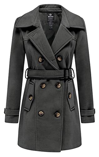 Wantdo Damen Winterdicke Jacken Warme Winddicht Jacke Wollmischung Erbsenmäntel Zweireihige Mittellange Mäntel Slim Fit Cabanjacke mit Schulterklappen Dunkelgrau 38 von Wantdo
