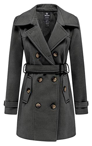 Wantdo Damen Winterdicke Jacken Warme Winddicht Jacke Wollmischung Erbsenmäntel Zweireihige Mittellange Mäntel Slim Fit Cabanjacke mit Schulterklappen Grau 36 von Wantdo