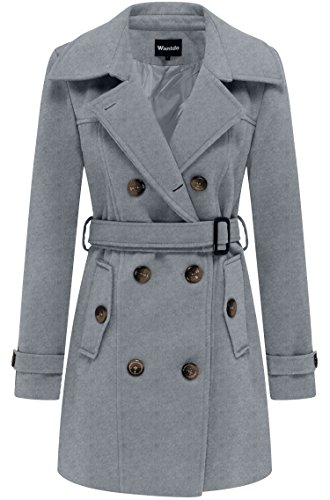 Wantdo Damen Winterdicke Jacken Warme Winddicht Jacke Wollmischung Erbsenmäntel Zweireihige Mittellange Mäntel Slim Fit Cabanjacke mit Schulterklappen Grau 40 von Wantdo