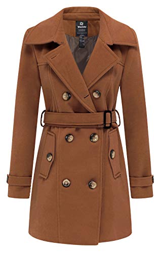 Wantdo Damen Winterdicke Jacken Warme Winddicht Jacke Wollmischung Erbsenmäntel Zweireihige Mittellange Mäntel Slim Fit Cabanjacke mit Schulterklappen Karamell 38 von Wantdo