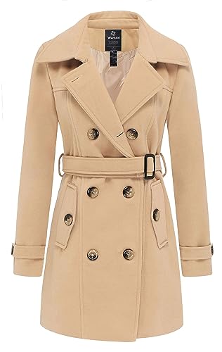 Wantdo Damen Winterdicke Jacken Warme Winddicht Jacke Wollmischung Erbsenmäntel Zweireihige Mittellange Mäntel Slim Fit Cabanjacke mit Schulterklappen Khaki 42 von Wantdo
