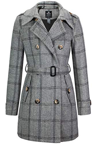 Wantdo Damen Winterdicke Jacken Warme Winddicht Jacke Wollmischung Erbsenmäntel Zweireihige Mittellange Mäntel Slim Fit Cabanjacke mit Schulterklappen Plaid 38 von Wantdo