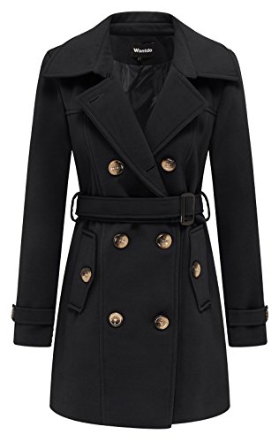 Wantdo Damen Winterdicke Jacken Warme Winddicht Jacke Wollmischung Erbsenmäntel Zweireihige Mittellange Mäntel Slim Fit Cabanjacke mit Schulterklappen Schwarz 38 von Wantdo