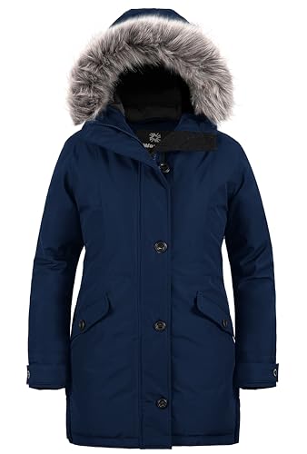Wantdo Damen Winterjacke Übergröße Warme Parka Outdoor Winddicht Damenmantel mit Abnehmbarer Fellkapuze für Casual Work Walking Blau 50-52 von Wantdo