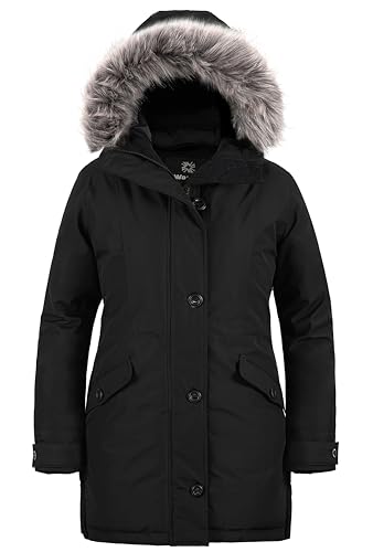 Wantdo Damen Winterjacke Übergröße Warme Parka Outdoor Winddicht Damenmantel mit Abnehmbarer Fellkapuze für Casual Work Walking Schwarz 60-62 von Wantdo