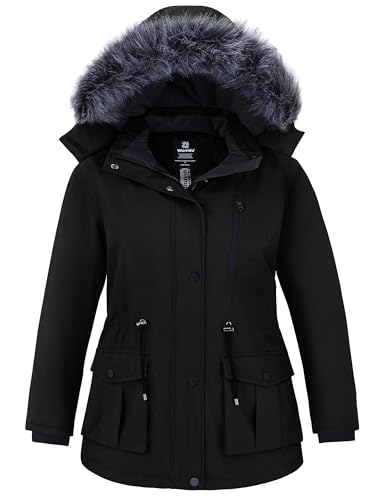 Wantdo Damen Winterjacke Übergröße Wasserdicht Warme Puffer Parka mit Abnehmbarer Kapuze Schwarz 48 von Wantdo