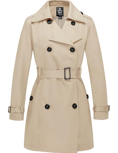 Wantdo Damen Trenchcoat Lang Mantel Frühling Winddicht Sommermantel Übergang Elegant Mäntel Frühlingsmantel Schulterklappen mit Gürtel Slim Fit Jacken Khaki 40 von Wantdo