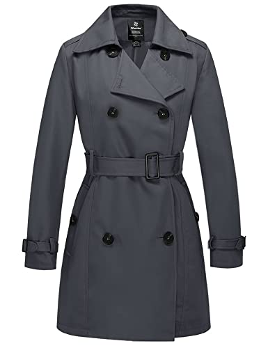 Wantdo Damen Mantel Lang Trenchcoat Frühling Winddicht Übergangsmantel Mantel Elegant Sommer Mäntel Schulterklappen mit Gürtel Slim Fit Jacken Grau 40 von Wantdo